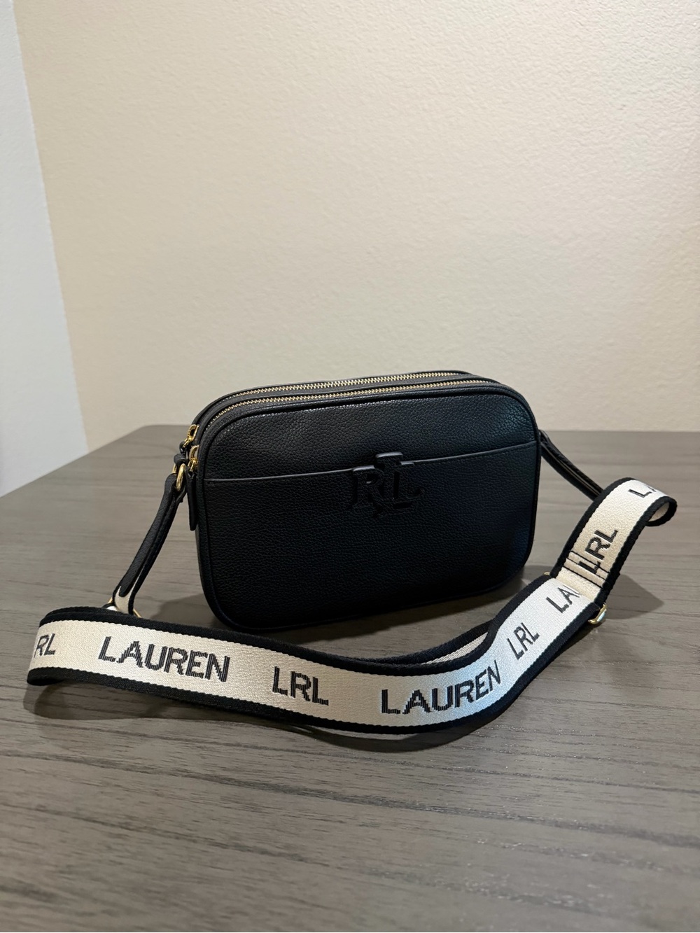RALPH LAUREN Black Pebbled Logo Crossbody Bag